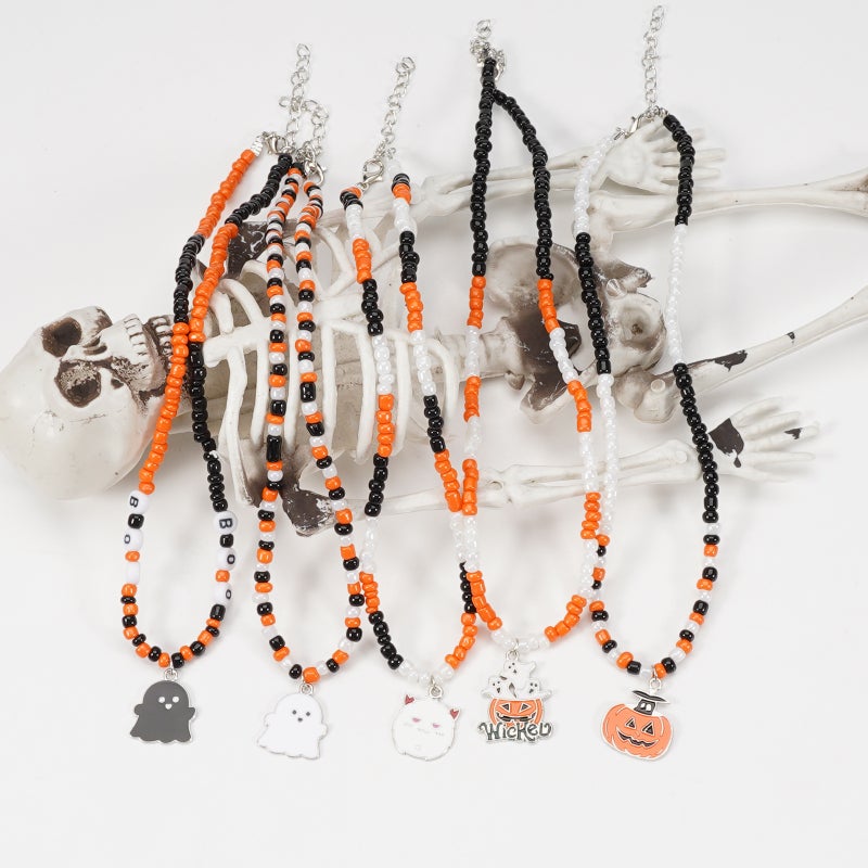 Halloween Necklace Ghost Pumpkin Pendant Rice Bead Handmade Necklace Party Necklace - Image 2